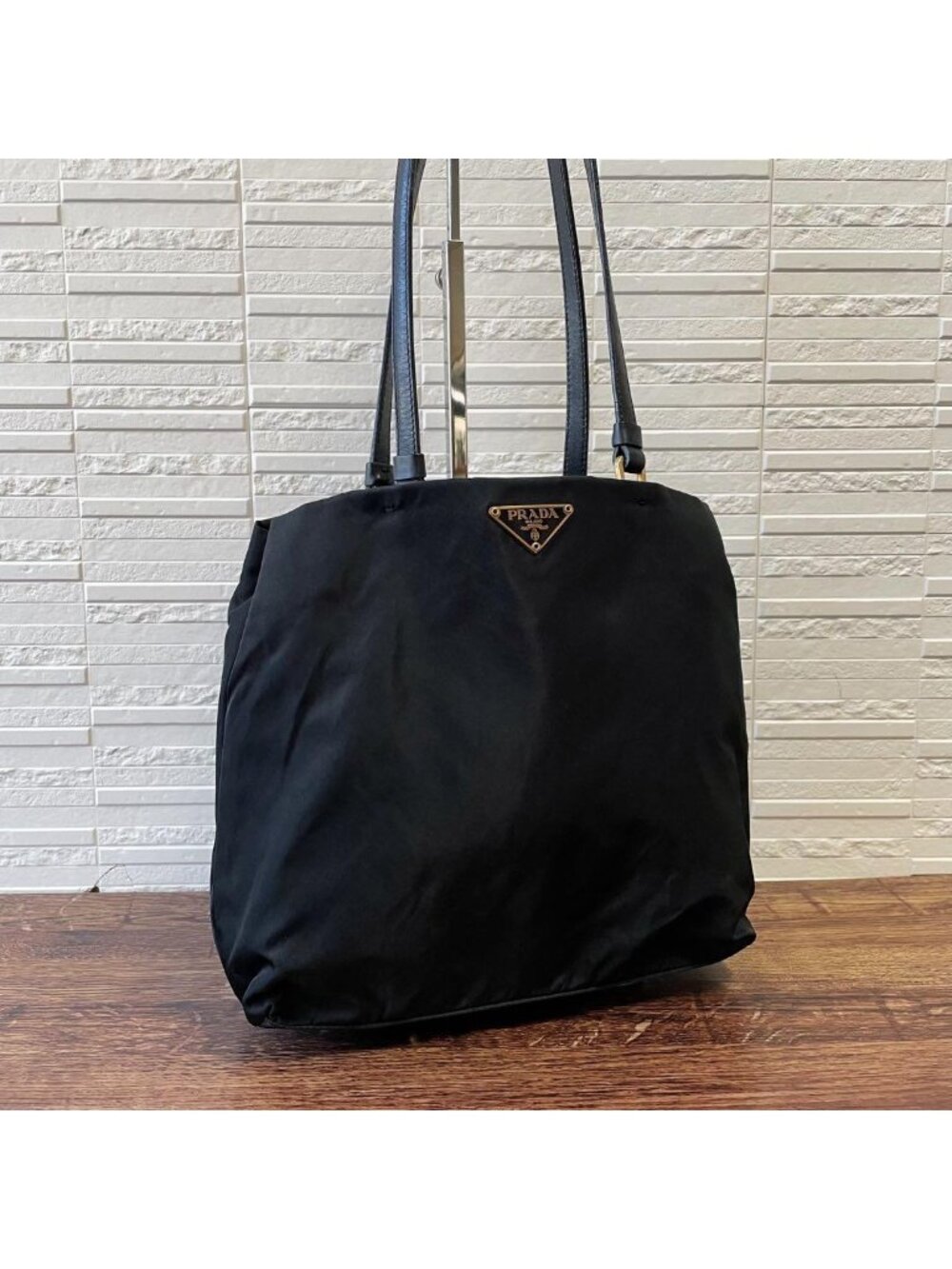 Prada Nylon Leather Triangle Plate Logo Shoulder Bag Black